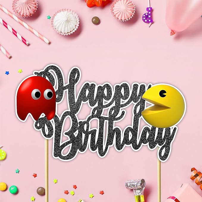 "Pacmn Ghost Happy Birthday Cake Topper – Retro Arcade Game Theme Party Decoration – Fun Gamer Birthday Cake Topper Boys, Girls, Teens, and Adults – Classic Video Game Birthday Party Supplies"