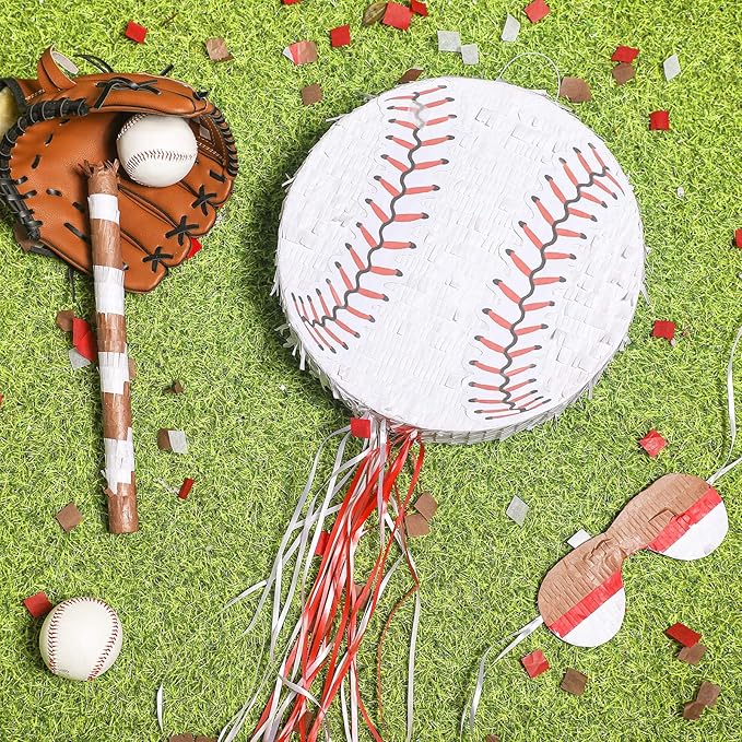 Baseball Piñata with Blindfold Bat for Birthday Party Softball Paper Piñata Sports Balls Confetti Baseball Party Supplies for Birthday Party Decorations 13.19 x 13.19 x 3 Inch(Simple)