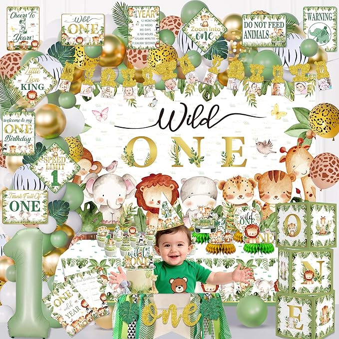 Mpanwen Wild One Birthday Decorations for Boys, 132 Pcs First Safari Jungle Theme Party supplies for 1st Boy Baby - Backdrop, Tablecloth, Palm Leaves, Centerpieces, Crown, Poster, Wall Signs, Blocks