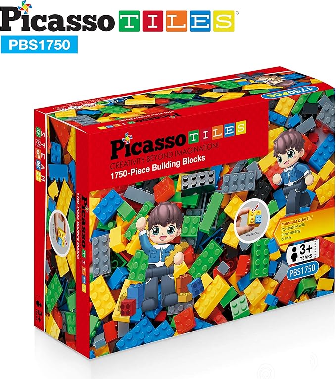 PicassoTiles 1750 PCS Building Block Tiles Creative Shapes to Enhance Imaginative Play Unique Set to Build Houses Numbers Animals and More Vibrant STEM Toys Washable for Learning Education Ages 3+