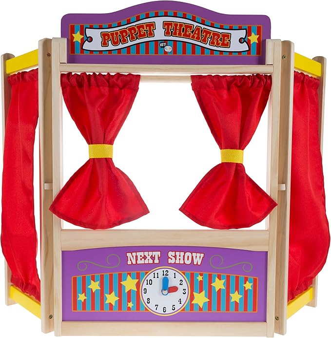 HEY! PLAY! Puppet Theater for Kids - Wooden Tabletop Toy with Curtains, Blackboard, and Clock to Inspire Imagination and Creativity in Boys and Girls