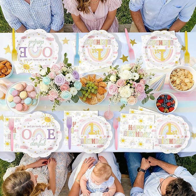 96Pcs Isn't She Onederful Birthday Party Decorations Isn't She Lovely First Birthday Paper Plates and Napkins Set Rainbow 1st Birthday Decoration for Girls One Year Old Bday Party Supplies Serves 24