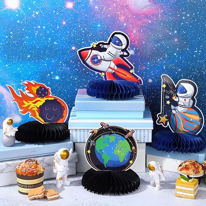 Marspark 9 Pcs Outer Space Themed Honeycomb Centerpiece Outer Space Decorations Birthday Party Table Toppers Double Sided Table Decorations Planet Rocket Astronaut Ufo Solar System Party Supplies
