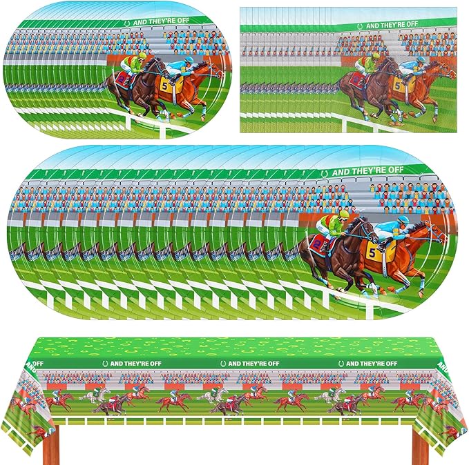 49 Pcs Derby Party Supplies Horse Racing Party Disposable Tableware Set Including Paper Plates Napkins Tablecloth Derby Day Disposable Dinnerware for Horse Birthday Supplies Serve 16 Guests