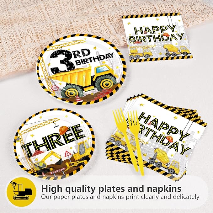96 Pcs Construction 3rd Birthday Party Supplies Construction Plates Napkins Forks Tableware Set Excavator 3rd Birthday Decorations for Boys Dump Truck Theme 3 Year Old birthday Decorations Serves 24