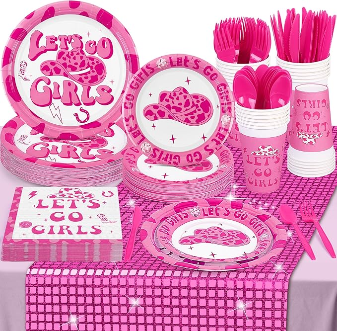 durony 176 Pieces Let's Go Girls Decorations Disco Cowgirl Party Supplies Let's Go Girls Hot Pink Table Runner Paper Plates Cups for Bachelorette Cowgirl Disco Party, Serve 25 Guests
