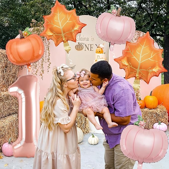 6pcs Little Pumpkin Is Turning One Decorations First Birthday Decorations for Girl with 40" Rose Gold One Balloon, Dusty Pink & Orange Pumpkin Foil Helium Balloons for Fall Birthday