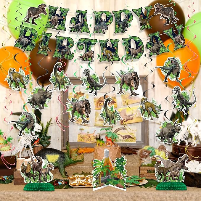 Dinosaur Birthday Party Decorations Set - Includes Pre-assembled Happy Birthday Banner, Dinosaur Hanging Swirl, Honeycomb Centerpiece for Table, Party Supplies for Home, School