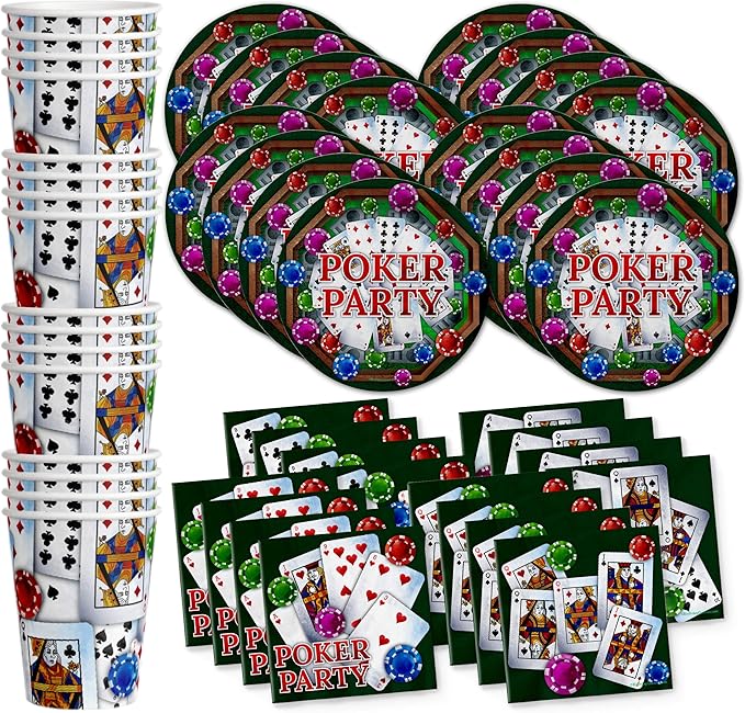 Birthday Galore Poker Party Supplies Set - Plates, Napkins, Cups - Red, Blue, Yellow - Poker Theme - 16 Guests