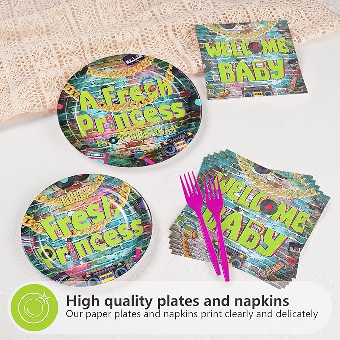 96Pcs Fresh Princess Baby Shower Party Decorations 90s Hip Hop Graffiti Plates and Napkins Disposable Vintage Themed Tableware Set for 90s Girl Baby Fresh Princess Baby Shower Party Supplies Serves 24