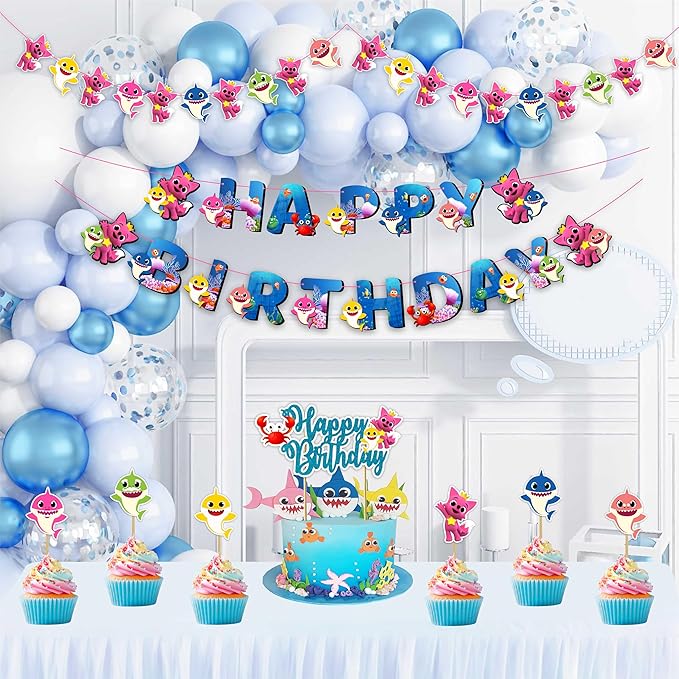 "Bby Shrk Theme Birthday Party Supplies – Complete Decorations Set with Happy Birthday Banner, Cake Topper, Cupcake Toppers, Garland, Table Décor, and Party Accessories for Boys and Girls"