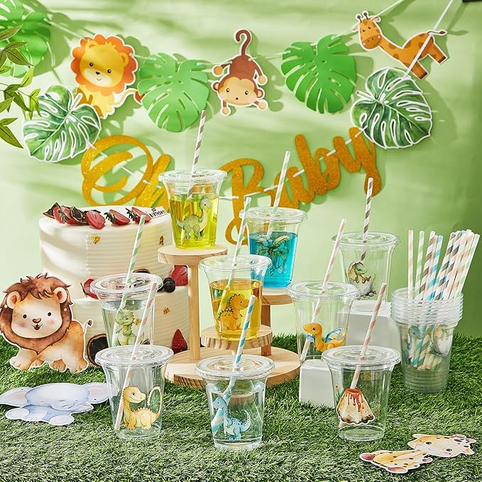 Boao 36 Sets Dinosaur Baby Shower Favors Watercolor Dinosaur Party Cups with Lids and Paper Straws 14 oz Dino Birthday Party Supplies Dino Disposable Clear Plastic Cups Bulk