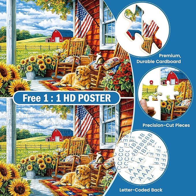 300 Piece Puzzles for Adults,Farm Country Life Puzzles for Adults Children Seniors,Sunflowers Dog Jigsaw Puzzles for Kids Ages 8-10 10-12,Landscape Puzzle Letter on Back, Family Puzzle Game,20.5*15in