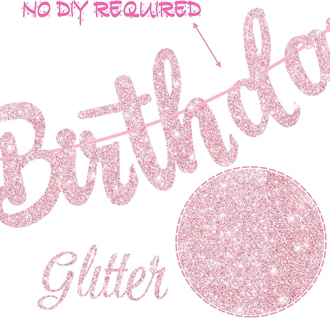 3Pcs Hot Pink Girl Happy Birthday Banners Glitter Hot Pink Princess Birthday Party Decorations for Girls Doll Theme Baby Shower Ladies Bachelorette Party Supplies