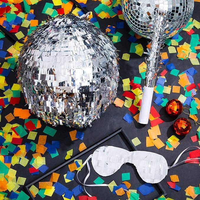 Lewtemi 11.8 Inch Silver Disco Ball Piñata with 1 Piñata Bat 1 Blindfold 1 Bag of Confetti and 20 Small Mirror Balls for Disco Themed Birthday Wedding Party Supplies