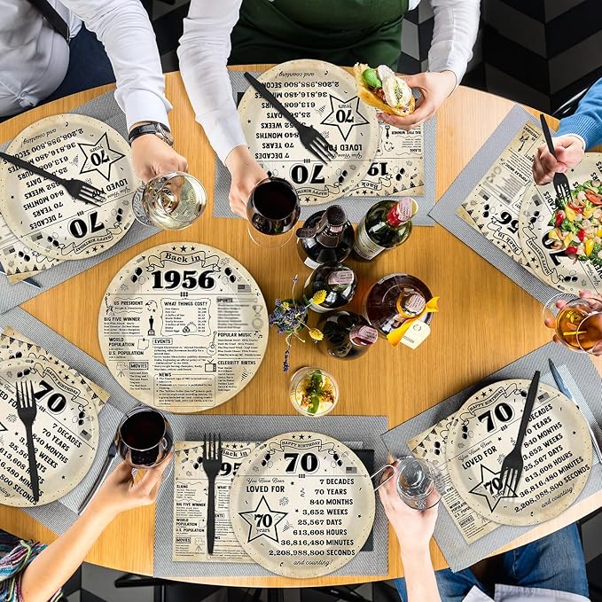 CHUNNIN 96Pcs 70th Birthday Plates and Napkins Back in 1956 Party Decorations Vintage 70 Year Old Party Dessert Plates 1956 Birthday Tableware for 24 Guests 70th Theme Men Woman Bday Parties Supplies