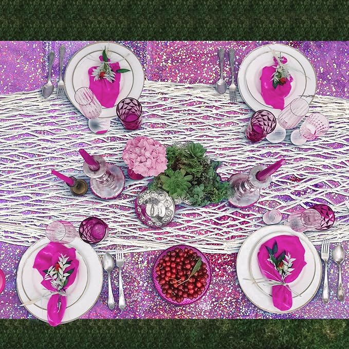 Unittype 6 Pcs Fish Net Decorative and Tablecloth Set, Cotton Fishnet and Plastic Table Cover Decorations Set for Nautical Themed Party Baby Shower Pirate Decorations Mermaid Party(Laser Shine)
