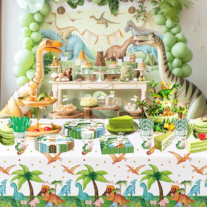 Dinosaur Two Rex Birthday Decorations Boy, Dino Theme Dinosaur Birthday Party Supplies Tableware, Paper Plate, Cup, Napkin, Fork, 24 Guests