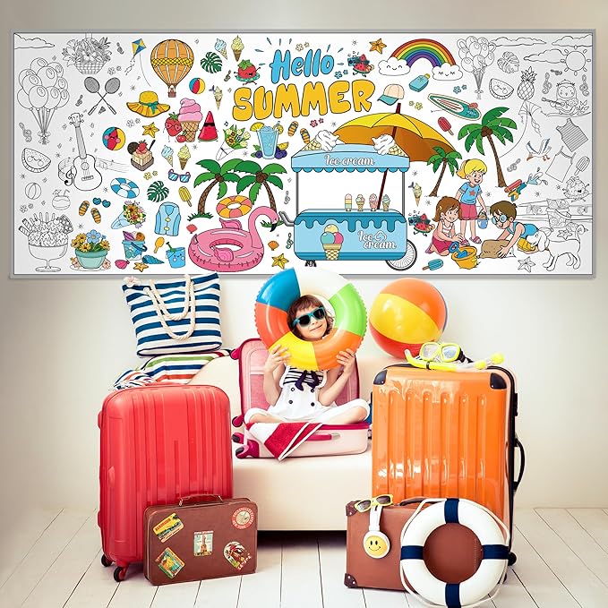 OHOME Summer Giant Coloring Poster/Tablecloth - Summer Decorations - 30 x 72 Inches Jumbo Paper Coloring Banner - Kids Crafts Gifts Toys Games Ice Cream Party Decorations - Arts Crafts Supplies