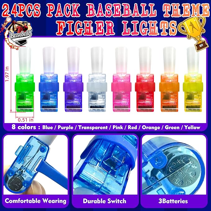 24PCS Baseball Party Favors-LED Finger Lights：Glow-in-the-Dark Light-Up Toys Bulk for Kids,Baseball Theme Birthday Party Decorations Supplies, Kids' Party Goodie Bags, Classroom Prizes, Fun Gifts