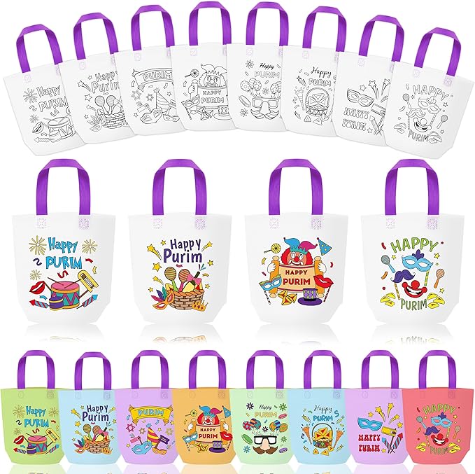 Purim Coloring Goodie Bags for Kids - 24Pcs Happy Purim Color Your Own Gift Bags with Handle Carnival Themed Reusable Non Woven Coloring Tote Packet for DIY Painting Jewish Party Spring Holiday Favor