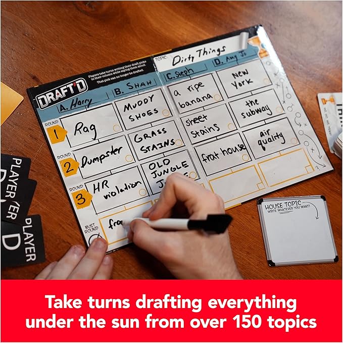 Spin Master Games, Draft’d, Competitive Drafting Party Game with Hilarious Prompts for College Nights, Football Watch Parties, Happy Hour Activity, Easter Gift, 3-5 Players, for Ages 14 & Up