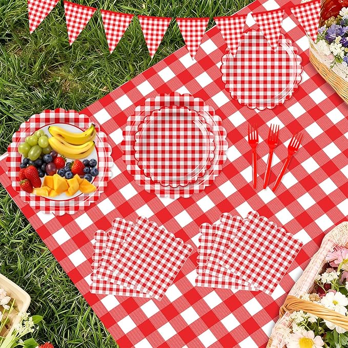 102 PCS Red Gingham Party Supplies - Christmas Scalloped Plates, Napkins, Cups, Forks, Banner, Gingham Tablecloth for Baby Shower, Birthday, Picnic Party Decorations, Serves 25