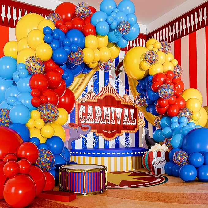 ALL-IN-1 Circus Balloons Arch Kit & Garland for Carnival Party Decorations Theme – Primary Color Balloons in Red Blue Yellow & Rainbow Confetti – Baby Shower Circus Birthday Party Supplies