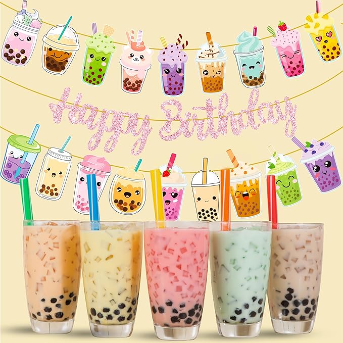 Bubble Tea Birthday Party Banners 3Pcs Boba Tea Birthday Party Decorations Pink Happy Birthday Banners Pearl Milk Tea Themed Banner Decorations for Bubble Tea Party Baby Shower Supplies