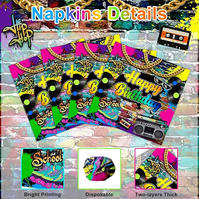 Avezano 100 Pcs 80’s Party Npkins 6.5 x 6.5" 80s Birthday Hip Hop Birthday Party Decorations Supplies Retro 80s Theme Party Paper Napkins