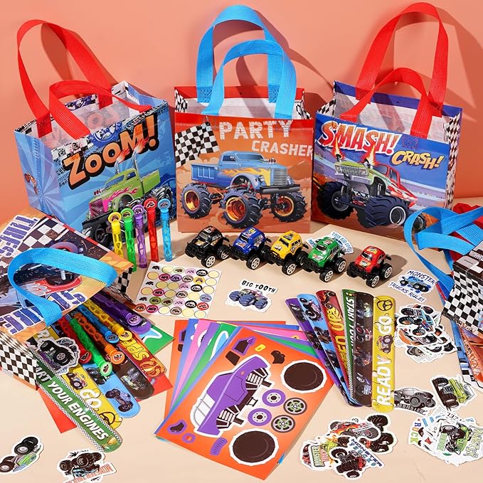 Vanblue Truck Car Party Favors Set Cars Themed Birthday Party Decorations Supplies 110Pcs Slap Bracelet DIY Sticker Gift for Boy Kids Treat Bags Stuffers Pinata Filler Classroom Rewards