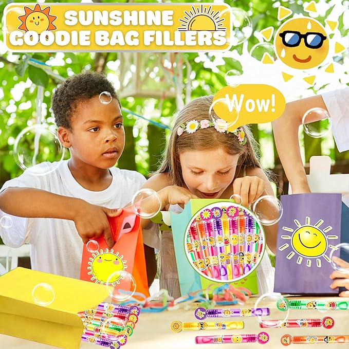 Sunshine Party Favors for Kids - 24PCS Smiling Sun Bubble Wands Bright Happy Theme Birthday Party Supplies Goodie Bag Fillers Classroom Rewards