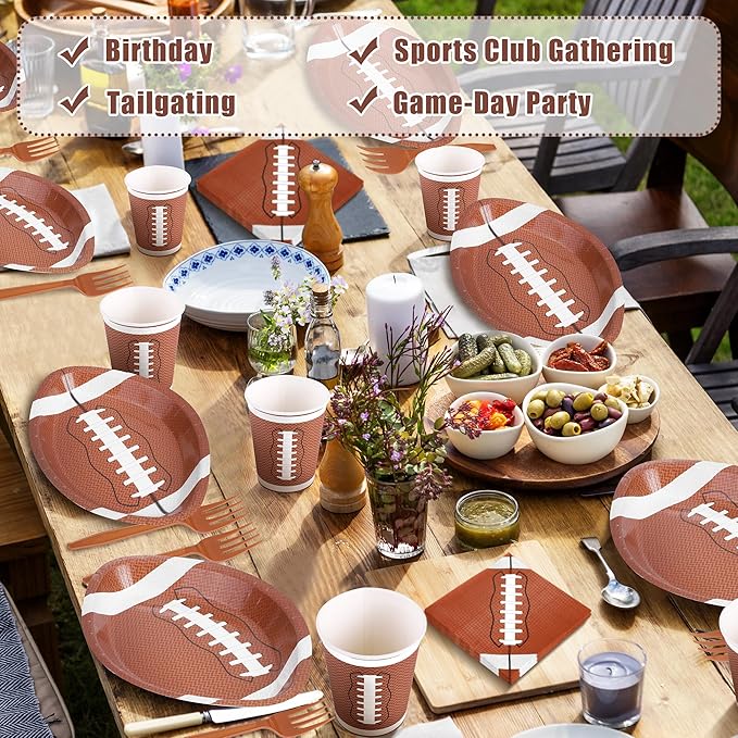 durony 144 Pieces Oval Football Theme Disposable Paper Plates Tableware Set Football Birthday Party Decorations with Plates Napkins Forks Cups Serve 24 for Sports Game Party Supplies, 11.6 x 7.9 Inch