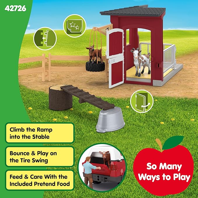 Schleich Farm World – 31PC Goat Stable Playset with 2 Goat Figures and Accessories – Farm Animal Toys for Boys and Girls – Pretend Play Barn Toy for Imaginative Play - Toddlers, Kids Ages 3+ | 42726