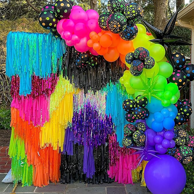 175Pcs Neon Balloons Arch Garland Kit, Glow in the Dark Balloons (Rainbow Star Dot) for Back to 80s 90s DISCO Birthday Party Decorations, Fiesta, Let's Glow Party, Rock Roll Party Supplies