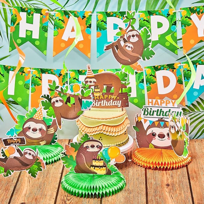 Sloth Birthday Party Decorations Set Sloth Theme Happy Birthday Banner Cake Toppers and 3 Pieces Honeycomb Table Centerpiece for Baby Shower