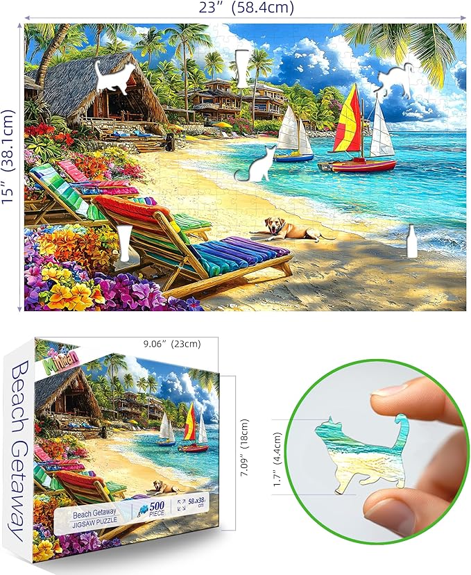 500 Piece Jigsaw Puzzle for Adults Tropical Beach Summer Scene with Sailboats & Palm Trees, Relaxing Vacation Puzzle with Letters on Back Fun Gift for Seniors, Family, Adults (23x15 Inch)