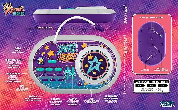 eKids Karmas World DJ Party Mixer Turntable Toy with Built in Microphone for Kids, for Fans of Karmas World Toys for Girls