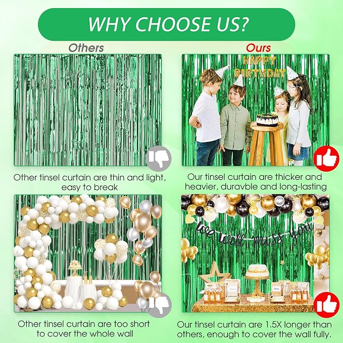 3 Pack 3.3 x 9.9 ft Green Foil Fringe Curtains Party Supplies | Tinsel Curtain Backdrop for Parties, Glitter Streamers Backdrop for Birthday/Photo Booth Backdrops