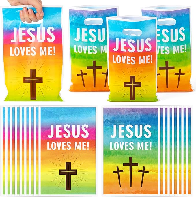Jesus Loves Me Party Favor Bag - 50Pcs Rainbow Religious Christian Goodie Candy Treat Gift Bags Christian Cross Party Supplies for Valentine's Day Sunday School VBS Church Bible Verse Easter Birthday