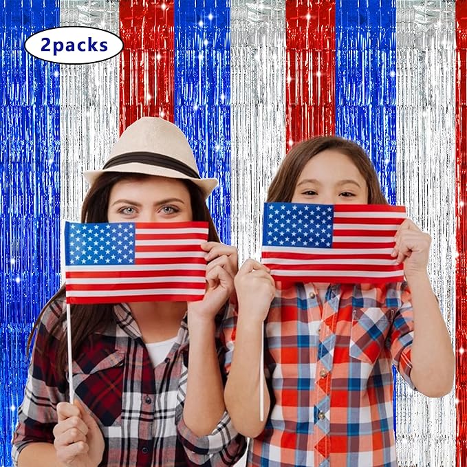 TONIFUL Red White and Blue Tinsel Foil Fringe Curtains,4th of July Decorations Independence Day Photo Booth Backdrop,Metallic Door Streamers for Patriotic Party Memorial Day Labor Day Supplies