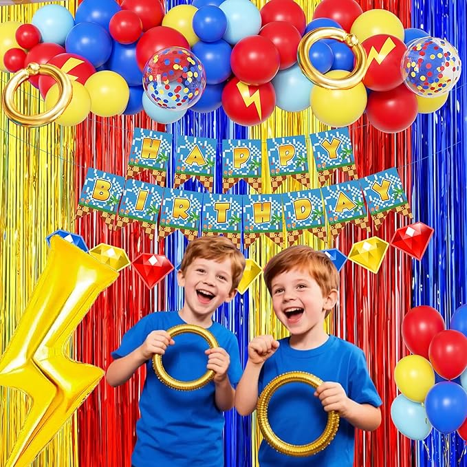 Cartoon Hedgehog Birthday Decorations for Boys,Blue Red Gold Fringe Curtains, Gold Circle Explosion Star Foil Balloon,Happy Birthday Banner