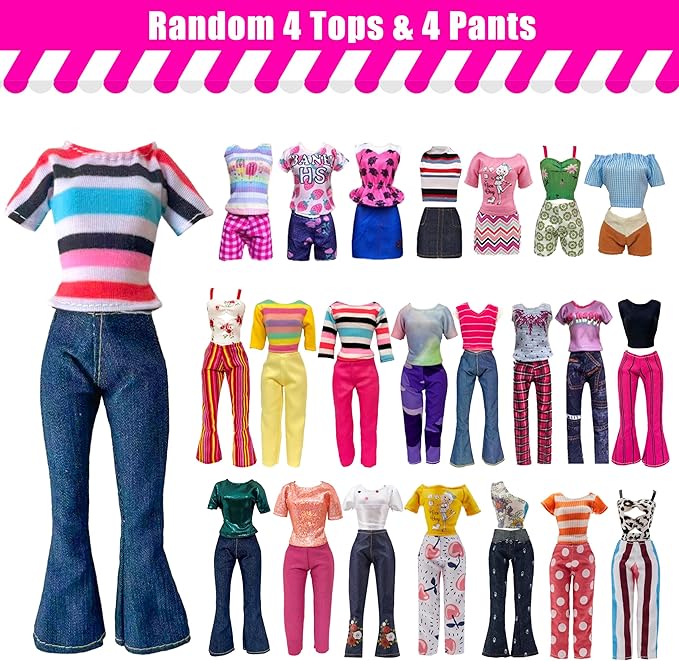 35 Pieces Doll Clothes and Accessories for 11.5 Inch Girl Dolls, Random 2 Wedding Dresses, 3 Fashionable Dresses, 3 Evening Dresses, 4 Tops, 4 Pants, 2 Swimwear, 5 Shoes, 10 Hangers, Necklace, Veil
