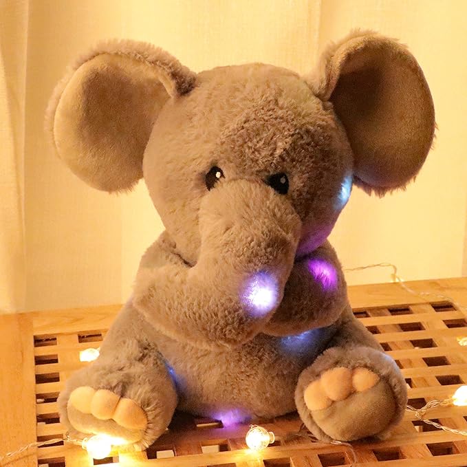 Hopearl LED Musical Stuffed Elephant Lighting Up Singing Plush Toy Adjustable Volume Lullaby Animated Soothe Birthday Festival for Kids Toddler Girls, Gray, 11''