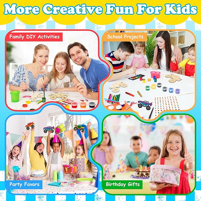 Bafeil Monster Truck Party Favors, 24 Pcs DIY Wooden Truck Painting Crafts Kit with Magnets, Car Birthday Party Supplies, Monster Trucks Party Decorations Goodie Bags Gifts Prizes Girls Boys