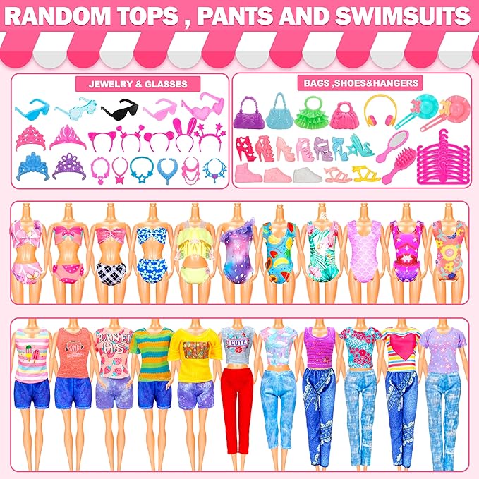 195 Pcs Doll Clothes and Accessories Kit, Include Princess Gowns, Fashion Skirt, Slip Dresses, Tops, Pants, Bikini Swimsuits, Shoes, Crowns, Necklaces, Glasses, Hangers in Gift Box for 11"-12" Dolls