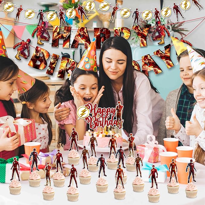 "Flsh Theme Birthday Party Supplies – Superhero Birthday Decorations Set for Boys & Girls – Includes Happy Birthday Banner, Cake Topper, Cupcake Toppers and Party Favors – Comic Theme Party Décor"