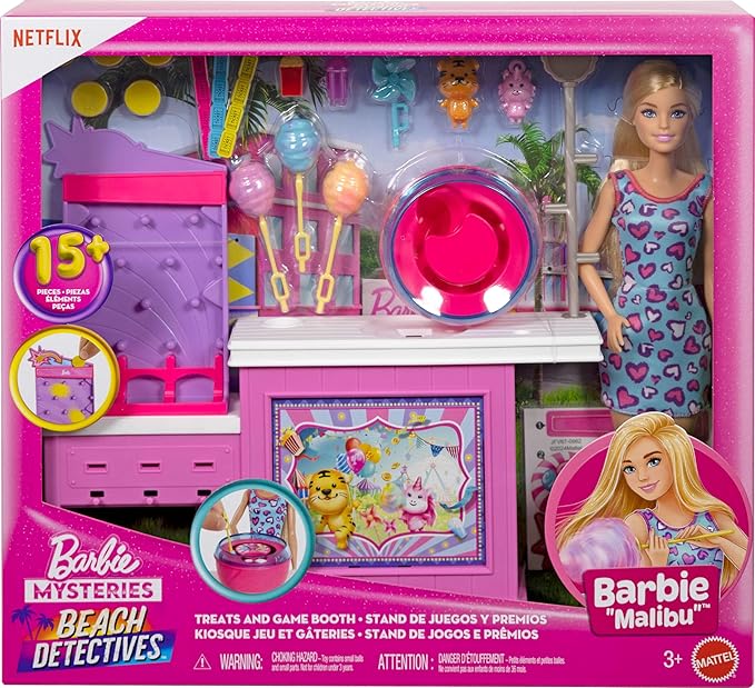 Barbie Mysteries: Beach Detectives Malibu Doll & Cotton Candy Game Booth Playset with 20 Accessories Including Prizes