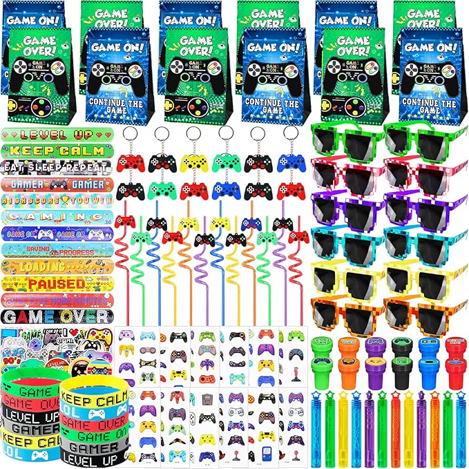 208Pcs Video Game Party Favors Set - 12 Guests, Gamer Goodie Bag Stuffers for Kids Gaming Theme Birthday Party Decorations Supplies & Piñata Fillers (Video Game Party Favors)