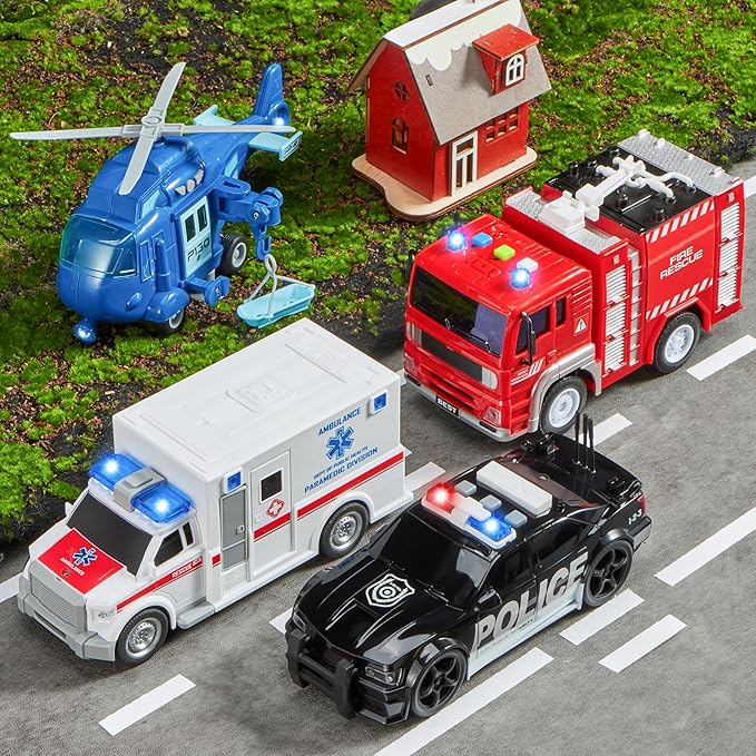 JOYIN 4 Packs Emergency Vehicle Toy Playsets, Friction Powered Vehicles with Light and Sound, Including Fire Truck, Ambulance, Play Police Car and Helicopter, Toddler Kids Boys Gifts